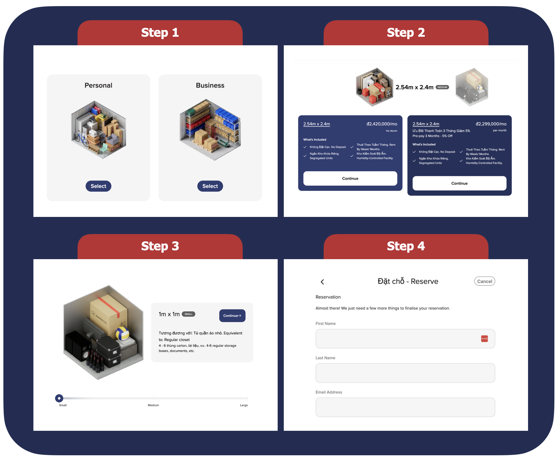 reserve a storage unit at KingKho Hanoi steps